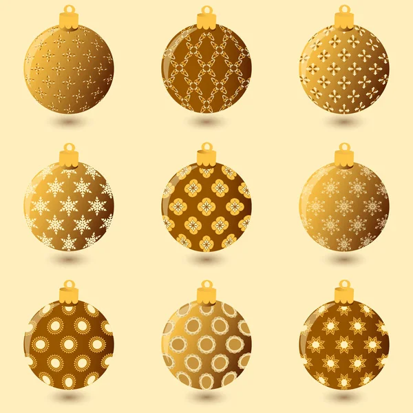 Vector set of abstract decorative patterned gold Christmas balls — Stock Vector