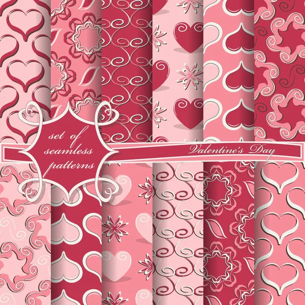 Conjunto de ilustraciones de vectores sin costura para el día de San Valentín. Patrones decorativos, corazones — Vector de stock