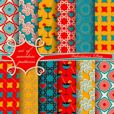 Sevgililer günü kesintisiz vektör çizimleri kümesi. Kalp, soyut şekiller, dekoratif çiçek, tasarım öğeleri için karalama defteri