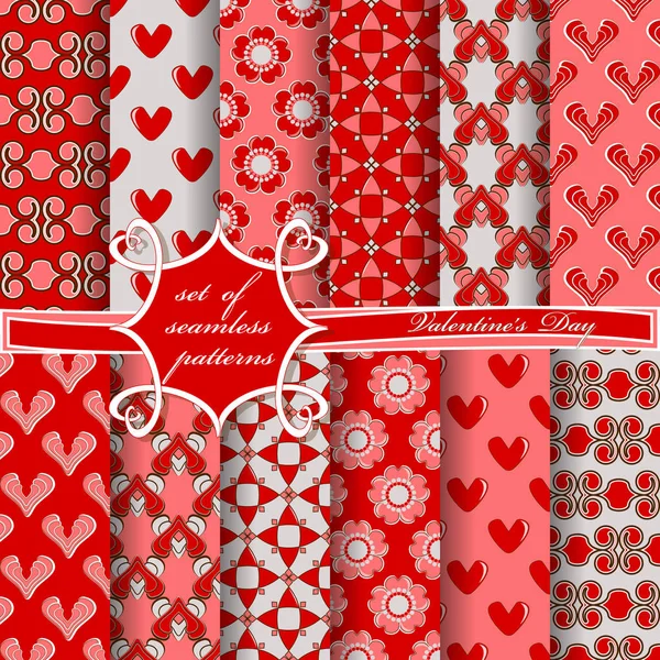 Set van naadloze vectorillustraties van Valentijnsdag. Hart, abstracte vormen, decoratieve bloemen, designelementen voor scrapbook — Stockvector
