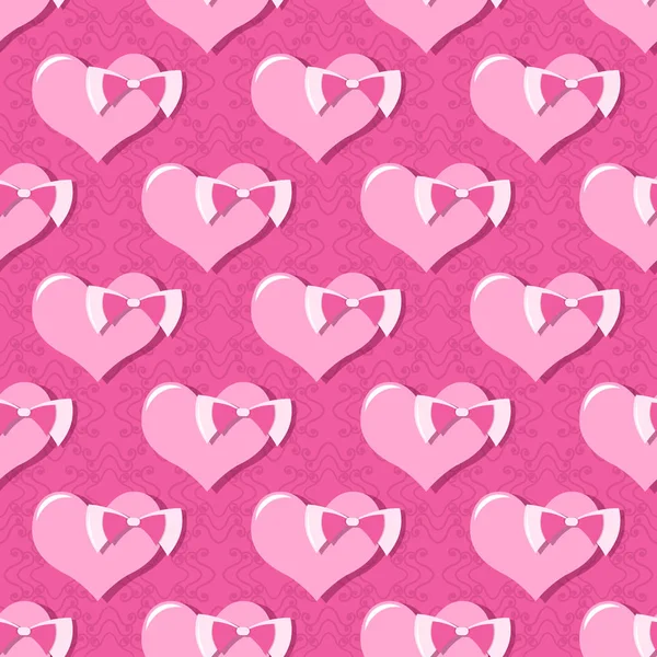 Nahtlose Vektorillustration des Hintergrunds des Valentinstages. Muster der dekorativen Herzen mit Schleife — Stockvektor
