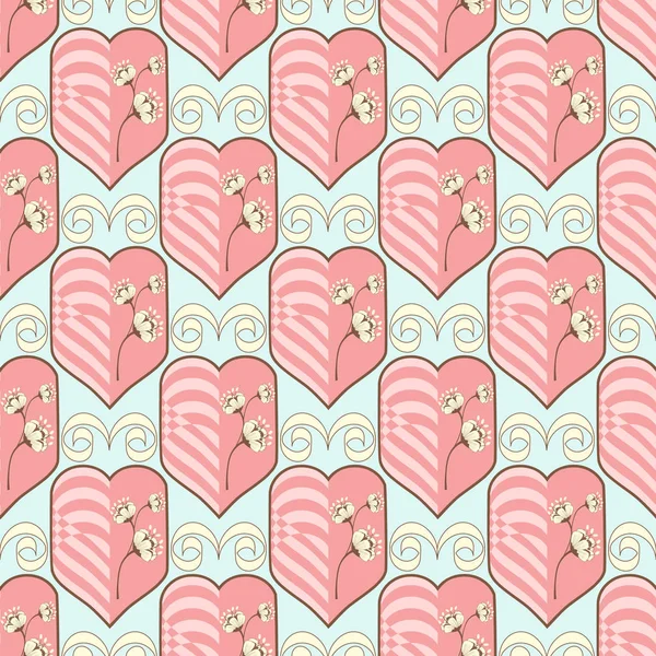 Бесшовная векторная иллюстрация Дня Святого Валентина. Декоративные цветы, абстрактное полосатое сердце — стоковый вектор