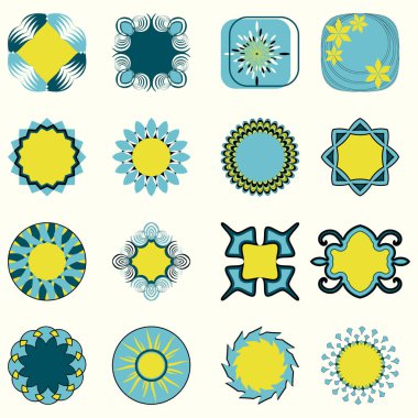 Vektör kümesi renkli tasarım öğeleri izole. Dekoratif çiçek, soyut logo simgeler