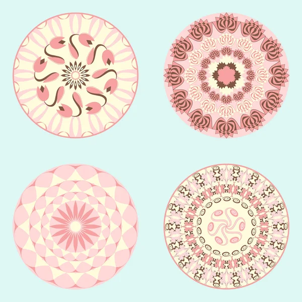 Vektor som uppsättning från fyra cirkulära mönster från abstrakta former och dekorativa blommor — Stock vektor