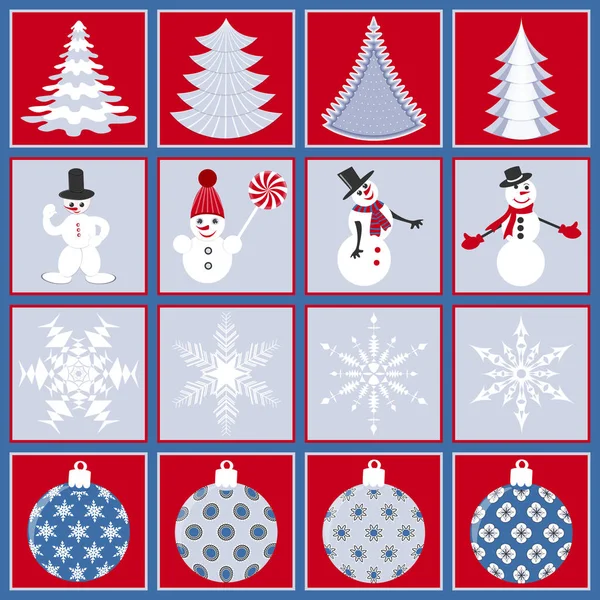 Reihe Von Weihnachtssymbolen Weihnachtsbaum Schneeflocken Weihnachtskugeln Schneemänner Vektorillustration — Stockvektor