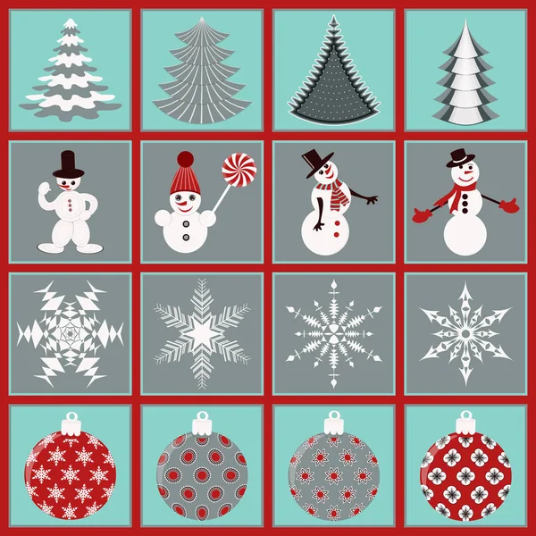 Reihe Von Weihnachtssymbolen Weihnachtsbaum Schneeflocken Weihnachtskugeln Schneemänner Vektorillustration — Stockvektor