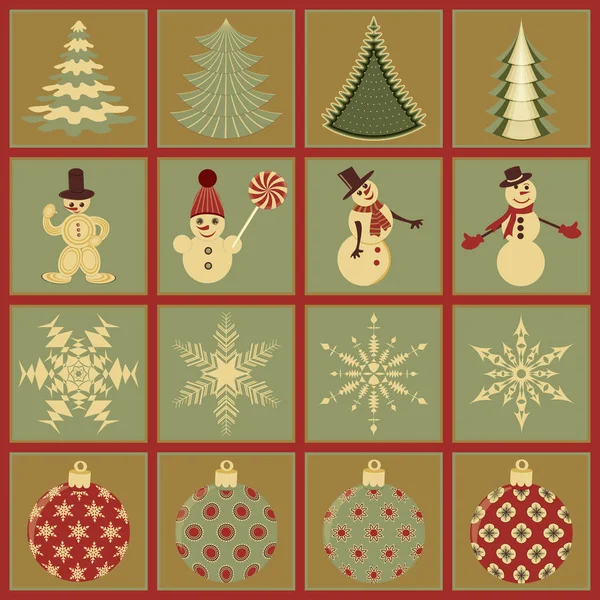 Bir Dizi Noel Sembolü Noel Ağacı Kar Taneleri Noel Baloları — Stok Vektör