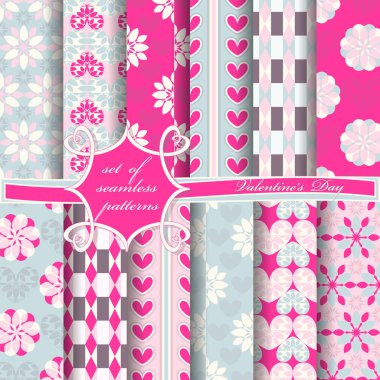 Sevgililer Günü 'nün kusursuz vektör çizimleri. Kalp, soyut şekiller, dekoratif çiçekler, dekorasyon için tasarım elementleri.