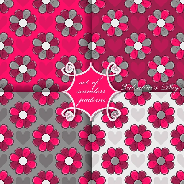 Set Seamless Vector Illustrations Valentine Day Heart Multicolored Decorative Flowers — Stock Vector