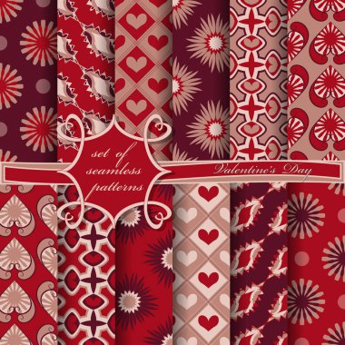 Sevgililer Günü 'nün kusursuz vektör çizimleri. Kalp, soyut şekiller, dekoratif çiçekler.