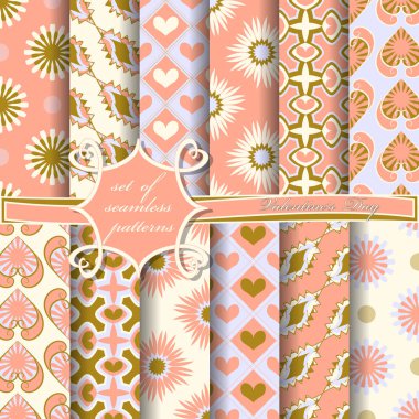 Sevgililer Günü 'nün kusursuz vektör çizimleri. Kalp, soyut şekiller, dekoratif çiçekler.