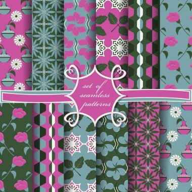 Soyut geometrik şekilleri, dekoratif çiçekleri ve dekorasyon için tasarım elemanlarını içeren pürüzsüz vektör kağıdı seti