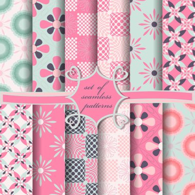 Soyut geometrik şekilleri, dekoratif çiçekleri ve dekorasyon için tasarım elemanlarını içeren pürüzsüz vektör kağıdı seti