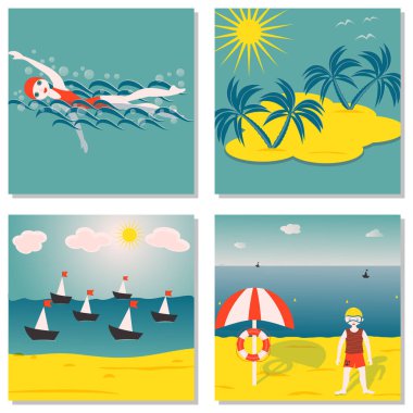 Deniz manzaraları, deniz sembolleri. Vektör çizimleri kümesi