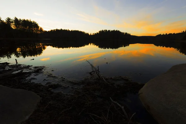 Solnedgång på en skogssjö. — Stockfoto