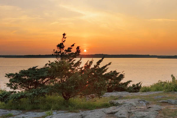 Solnedgång på en stenig strand. — Stockfoto