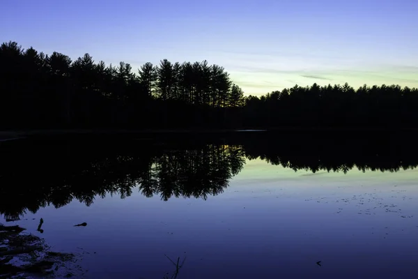 Pôr do sol em um lago florestal . — Fotografia de Stock