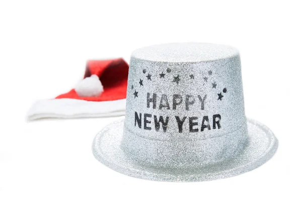Santa Claus sombrero rojo y plata metálico feliz año nuevo sombrero de fiesta —  Fotos de Stock