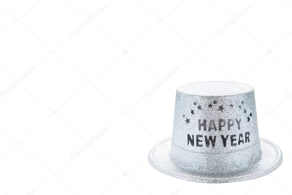 Silver metallic happy new year party hat isolated on white backg