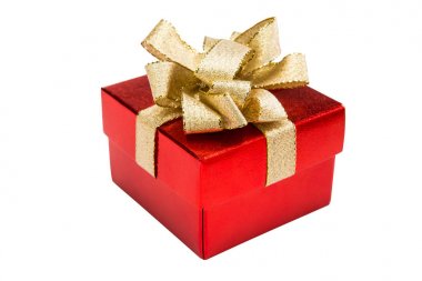 Christmas kırmızı hediye kutusu beyaz b izole altın şerit yay ile
