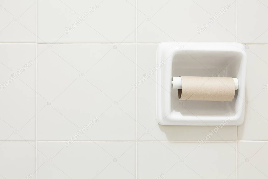 Empty toilet paper roll mounted on a tiled wall