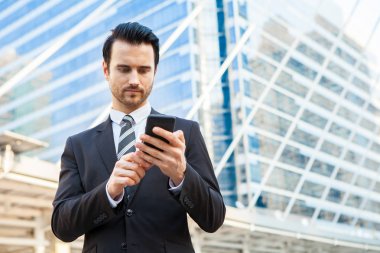 Resmi kıyafetli akıllı telefon dağ eteğindeki taş yığını seyir yakışıklı işadamı