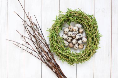 Kukum Beyaz ahşap zemin üzerinde bir yuva Bıldırcın yumurta Paskalya bileşimi.