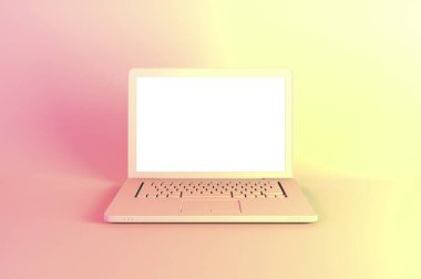 Laptop ya da dizüstü bilgisayar, beyaz ekranlı, pembe sarı renkli, gradyan holografik ışıklarla aydınlatılmış. Yaratıcı asgari ofis geçmişi. Pop sanat, kavramsal sanat, 3 boyutlu illüstrasyon.