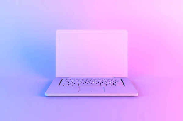 Bärbar dator eller bärbar dator belyst av ljusa gradient holografiska lampor av rosa blå violett färger. Kreativ minimal kontorsbakgrund, 3D-illustration. Pop konst, konceptuell konst, håna upp — Stockfoto