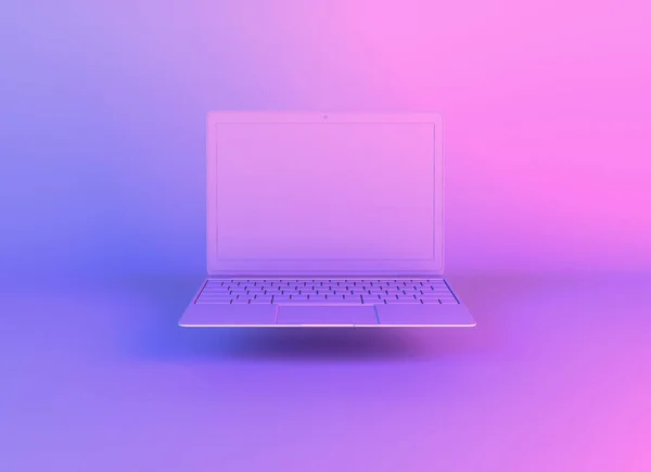 Computador portátil ou notebook iluminado por luzes holográficas de gradiente brilhante de cores violeta azul rosa. Fundo de escritório mínimo criativo, ilustração 3D. Pop art, arte conceitual, mock up — Fotografia de Stock