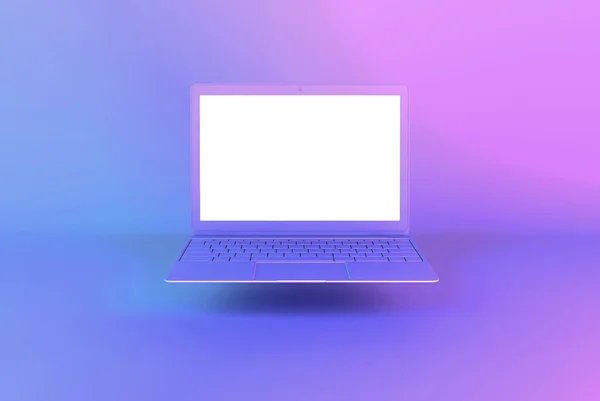 Laptop ya da dizüstü bilgisayar, beyaz ekran, pembe mavi menekşe renklerinin gradyan holografik ışıklarıyla aydınlatılıyor. Yaratıcı asgari ofis geçmişi. Pop sanat, kavramsal sanat, 3 boyutlu illüstrasyon.
