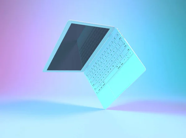 Bärbar dator eller bärbar dator med engelskt tangentbord upplyst av ljusa gradient holografiska lampor av rosa blå smaragdfärger. Kreativ minimal kontorsbakgrund. Pop konst, mocka upp 3D-illustration — Stockfoto