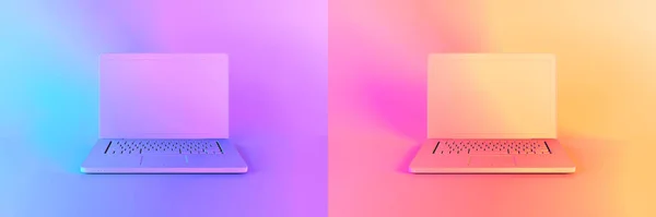 Computadora portátil o portátil iluminada por brillantes luces holográficas degradadas de rosa azul violeta colores amarillos Creatividad mínima oficina fondo Ilustración 3D Arte pop arte conceptual maqueta —  Fotos de Stock