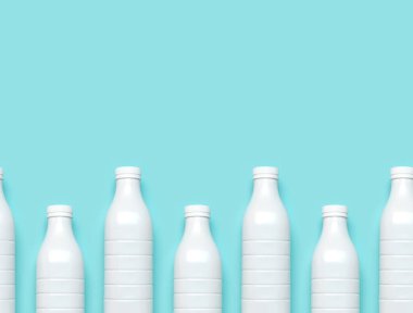 Mavi turkuaz arka plan görünümlü süt ürünleri için kusursuz beyaz plastik şişe konteynırları dizayn planınız için Plastik Kefir Yoğurt Şablonu Şablon Model Modeli