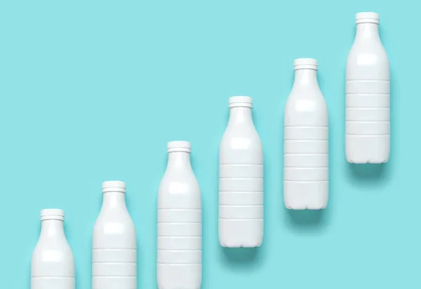 Wadah botol plastik putih untuk produk susu pada latar belakang pirus biru tampilan atas datar. Plastic Kefir Yogurt Milk Bottle. Pemasangan paket template. Tata letak untuk desain Anda Dairy Growth Grap — Stok Foto