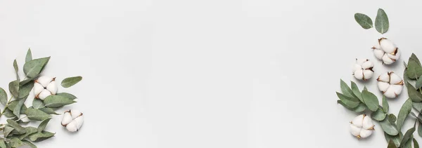 Composición de flores planas. Flores de algodón y ramitas de eucalipto fresco sobre fondo gris claro. Vista superior, espacio de copia. Delicadas flores de algodón blanco. Fondo floral, tarjeta de felicitación — Foto de Stock