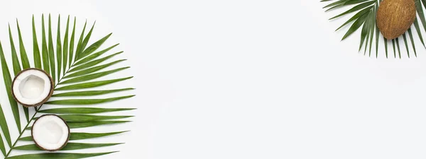 Plano de verano yacía fondo. Marco de hojas tropicales y coco fresco sobre fondo gris claro vista superior espacio de copia. Cocina saludable. Concepto creativo de alimentos saludables, mitad de coco, naturaleza — Foto de Stock