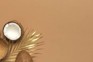 Hindistan cevizli yaratıcı düzen. Kahverengi arka planda tam ve yarım hindistan cevizi, altın palmiye yaprağı. En az düz konum biçimi, en üst görünüm kopyalama alanı. Yemek konsepti. Tropik egzotik meyve, yaz arkaplanı..