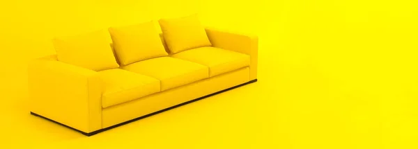 Creative interior layout. Minimalistic style. Modern scandinavian yellow sofa on a yellow background with shadow. Template for advertising, design. Furniture, interior object, stylish couch.