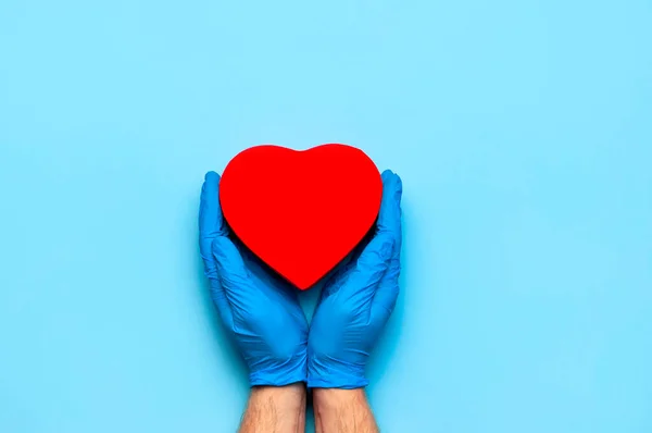 Men\'s hands in blue medical gloves hold red heart on blue background Flat lay. Concept of saving lives and maintaining health. Doctor\'s hands with a heart symbol. Medicine, cardiology, love of life.