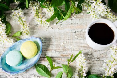 Hafif ahşap arka plan ve kuş-kiraz Şubeler farklı macaroons