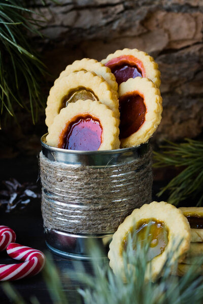 Homemade stained glass cookies with colored caramel