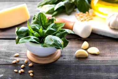 İtalyan pesto sos yapmak için taze malzemeler
