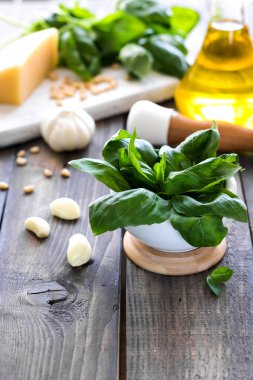 İtalyan pesto sos yapmak için taze malzemeler