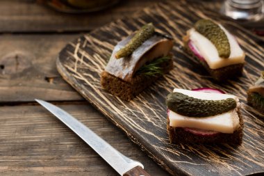 Pastırma ve karanlık bir arka plan üzerine votka için çerez olarak ringa balığı ile Mini sandviç