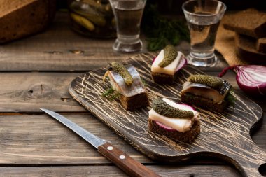 Pastırma ve karanlık bir arka plan üzerine votka için çerez olarak ringa balığı ile Mini sandviç