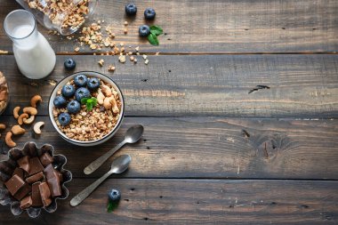Homemade Chocolate Nut Granola with Fresh Blueberries.