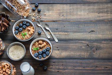 Homemade Chocolate Nut Granola with Fresh Blueberries.