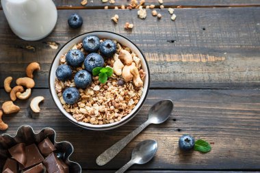 Homemade Chocolate Nut Granola with Fresh Blueberries.