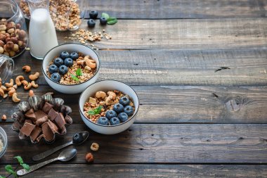 Homemade Chocolate Nut Granola with Fresh Blueberries.